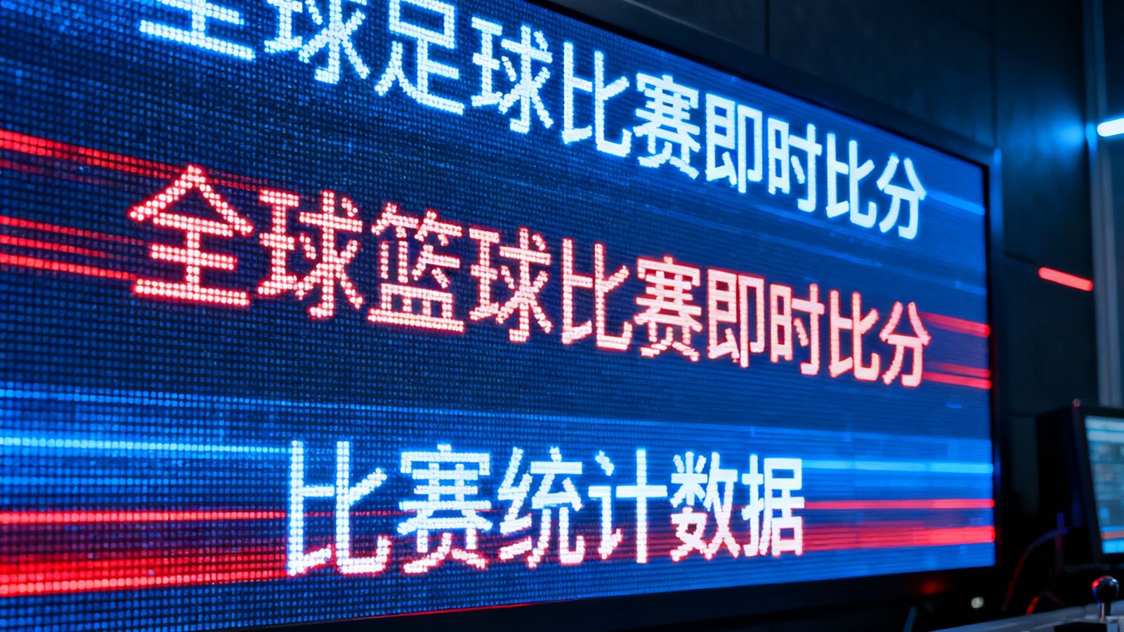 球速体育数据中心的巨型LED屏幕实时滚动显示全球多场足球和篮球比赛的即时比分与统计数据，背景为深色控制室环境