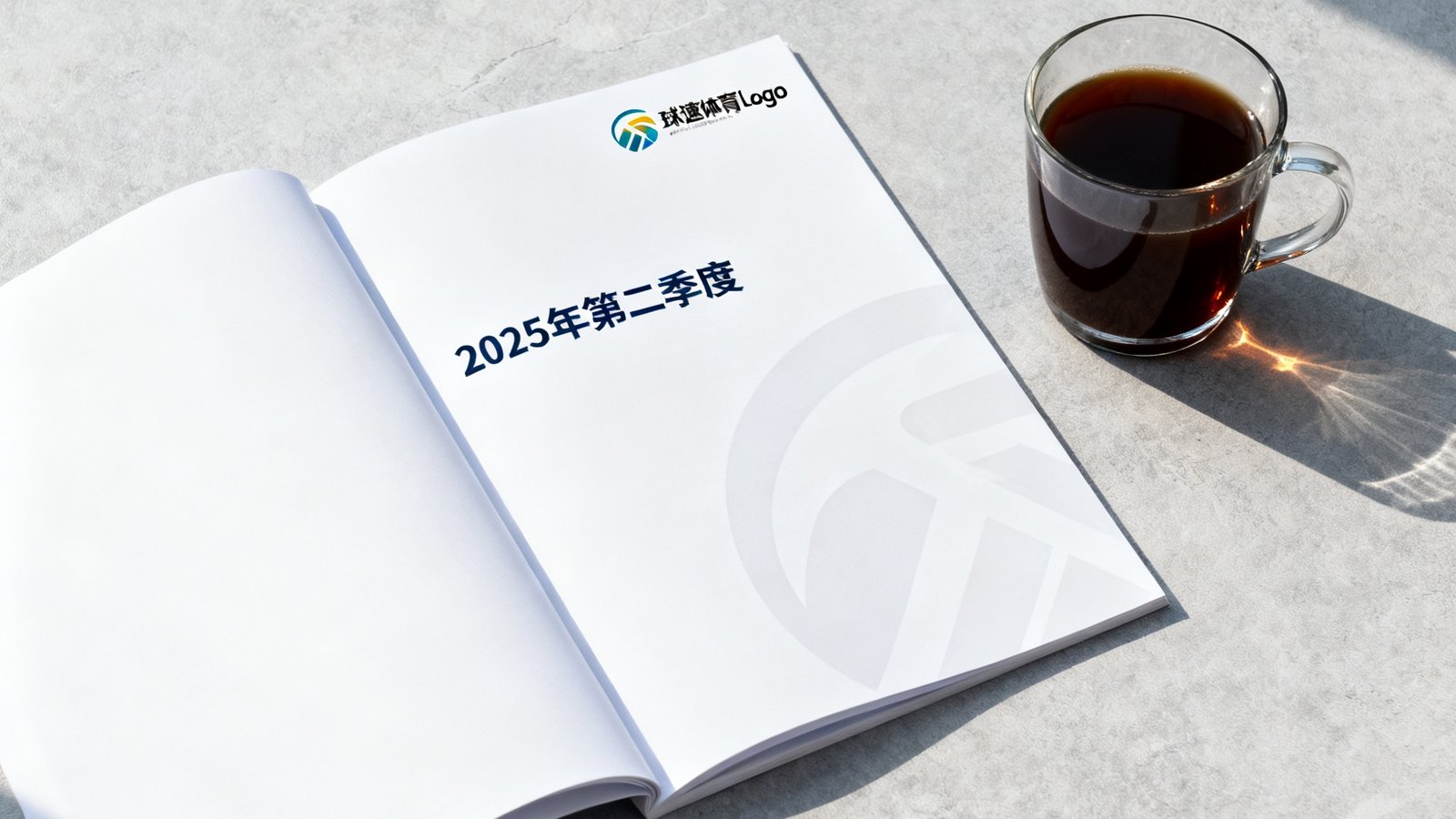 一份翻开的白色数据报告封面印有球速体育Logo和2025年第二季度字样，背景是浅灰色桌面和一杯咖啡