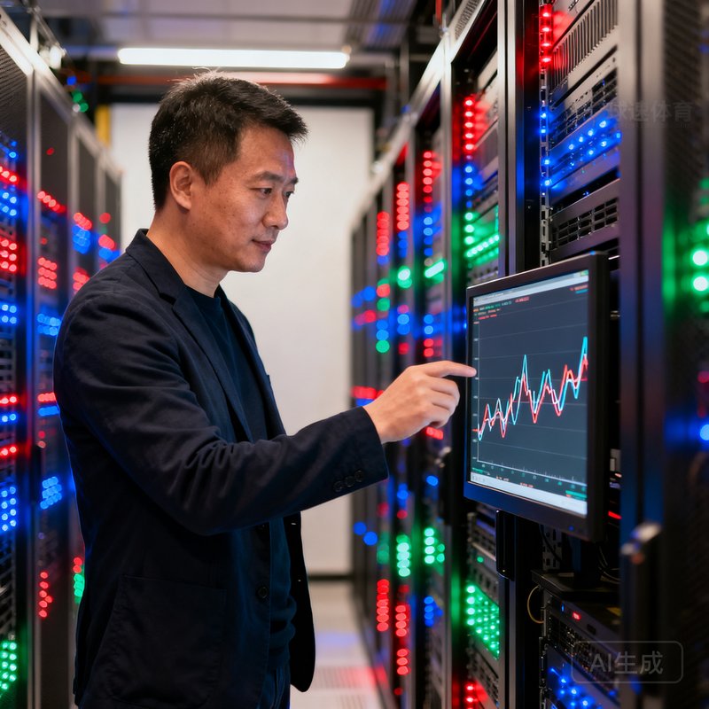 球速体育创始人陈远舟身穿深色休闲西装站在数据中心机房里，背景是闪烁的服务器指示灯阵列，他正专注地查看一块显示屏上的数据曲线