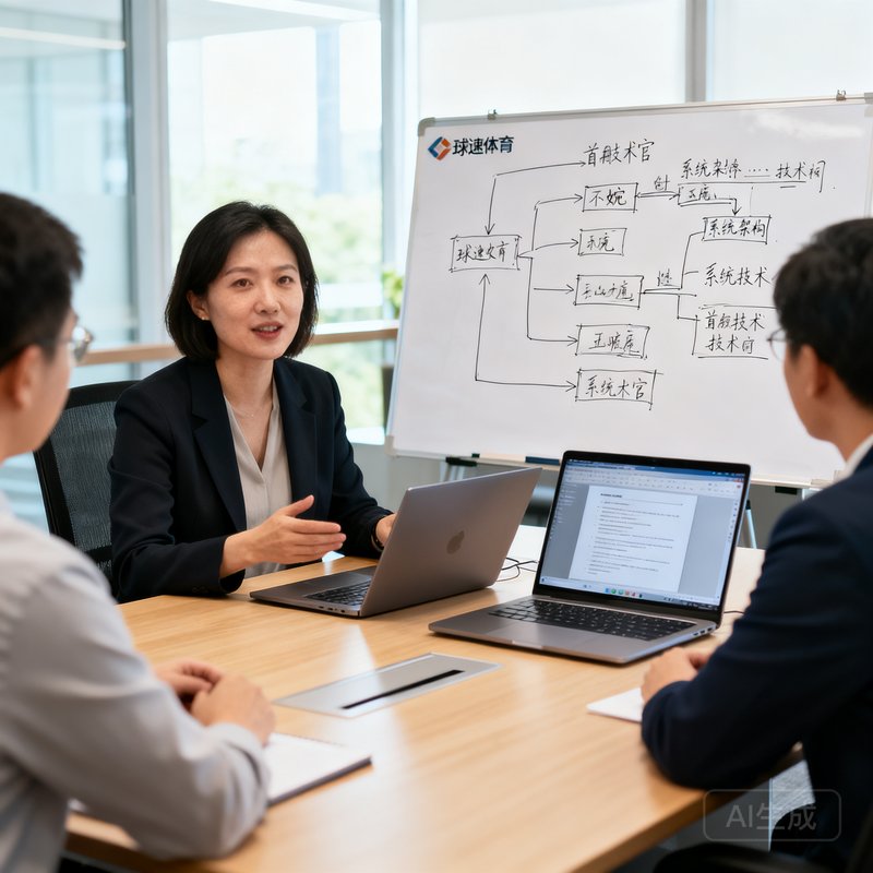 球速体育首席技术官林婉清坐在明亮的会议室中，面前摆放着笔记本电脑和手绘的系统架构草图，她正向团队成员讲解技术方案