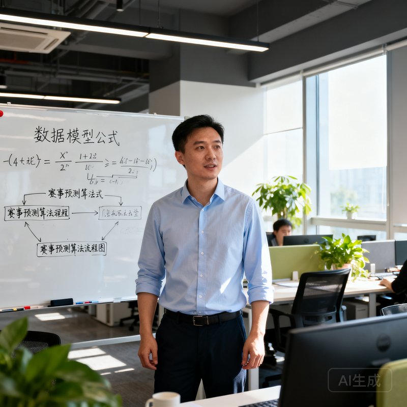 球速体育数据科学负责人周凯在开放式办公区站立工作，身后白板上写满了数据模型公式和赛事预测算法流程图